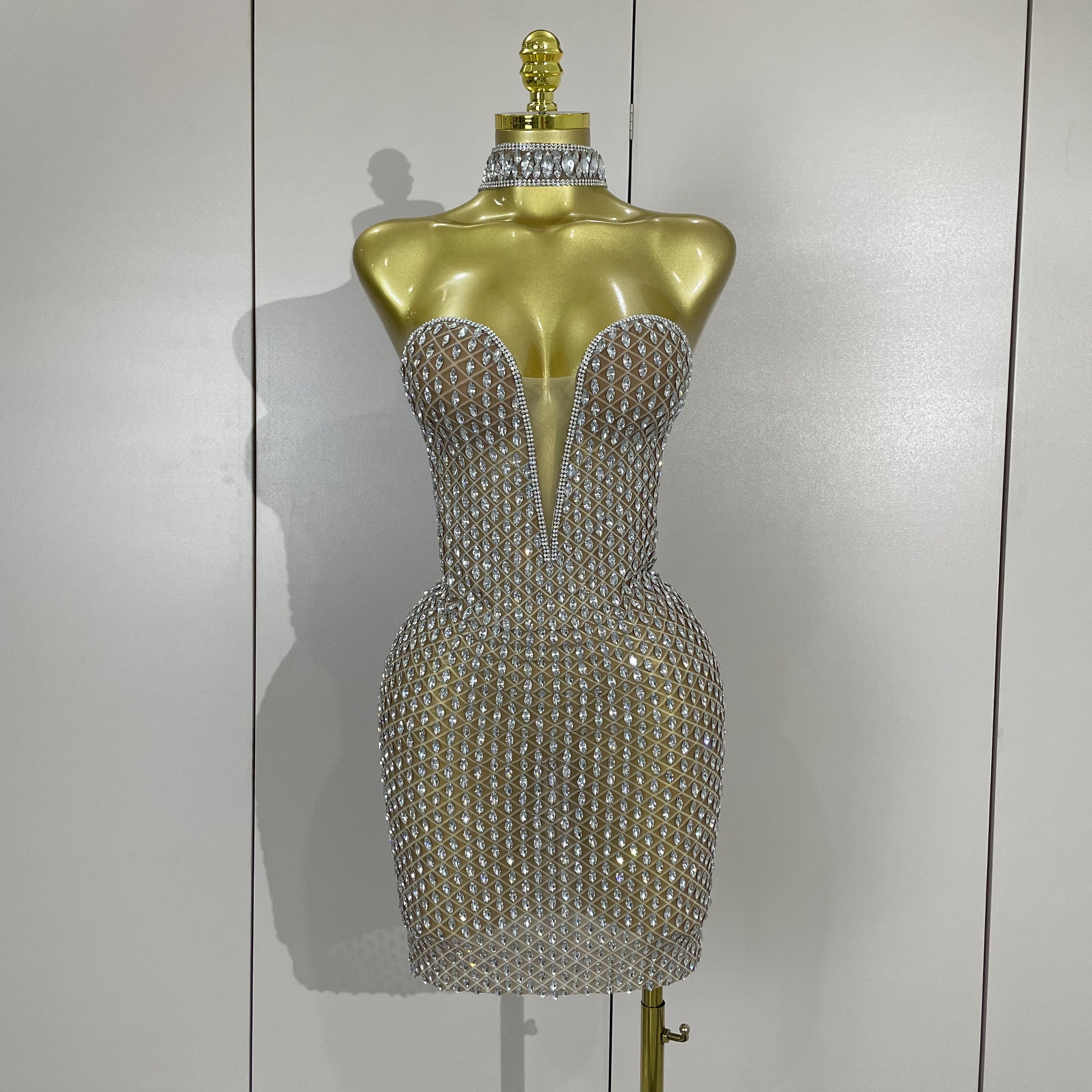 Luxurious Full Rhinestones Mesh Transparent Short Dress Women Birthday Celebrate Evening Prom Dress party Club Stage Costumes