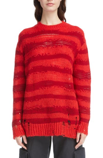 Acne Studios Karita Distressed Stripe Open Stitch Cotton, Mohair & Wool Blend Sweater in Red/Deep Red at Nordstrom Rack, Size Small