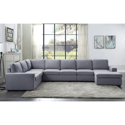 Light Gray Blend Sectional - Latitude Run® Gouvernour 7 Seat Reversible Modular Sectional Sofa Couch 33.0 H x 146.5 W x 94.0 D in brown/grayVelvet