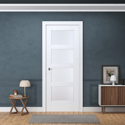 Door Harbor Interior Door Slab Only (Not Prehung), 4-Lite Frosted Glass Design, White Primed, Solid Core | 30" x 80"