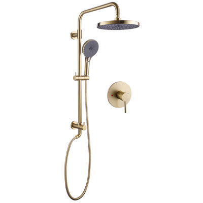 RBROHANT 10" Exposed Shower Combo Set, Solid Brass Shower Kit w/ Pressured-Balanced Valve yellow in Brushed Gold W/ Rough-In Valve