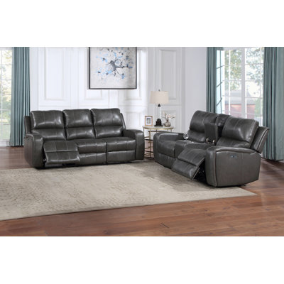 Hokku Designs Joela Leather Sofa & Console Love Leather Match/Genuine Leather in Gray | 2 | Wayfair Living Room Sets