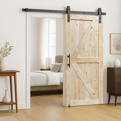 Barn Door - S&Z TOPHAND Unfinished British Brace Knotty Barn Door w/ Sliding Door Hardware Kit//Sliding Door/Double Surfaces/A Simple Assembly is Requ white