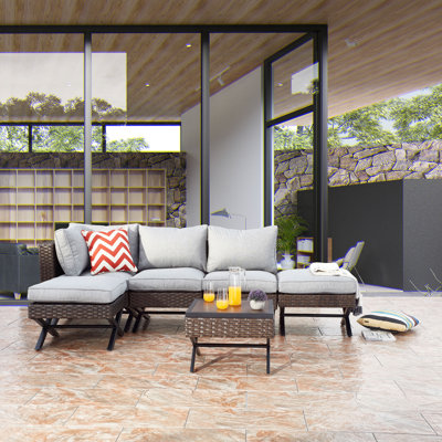 Wayfair Boydston 6 Piece Sectional Seating Group w/ Cushions brown/grayRust-Resistant Metal/Rattan/Metal/Polyester/Wicker/Rattan | 4 | Outdoor Furniture