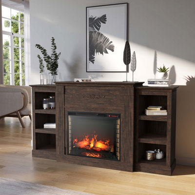 Charlton Home® Maranto TV Stand for TVs up to w/ Electric Fireplace Included 39.31 H x 70.43 W x 15.62 D in Engineered Wood in Brown | 65"