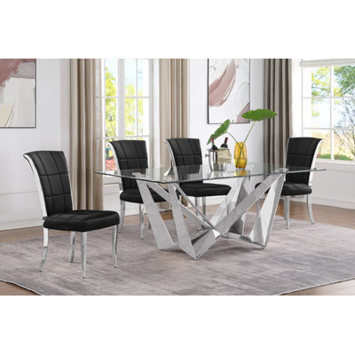 Rosdorf Park Kennise Rectangular 78" L x 42" W Dining Set 30.0 H x 42.0 W x 78.0 D in blackGlass, Stainless Steel in Black/Silver/Silver