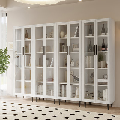 Latitude Run® Arkyn Display Stand w/ Glass Doors brown/Wood/Glass/Metal/Manufactured Wood in White | 71" H X 94.4" W X 15.7" D