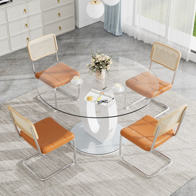 Ivy Bronx Round Pedestal Dining Table Set for 4-6 white/Upholstered/Metal in Brown