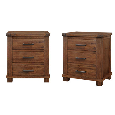 Hokku Designs Rustic Three Drawer Reclaimed Solid Wood Farmhouse Nightstand Set of Two brownWood in Natural | 25.6" H X 24" W X 17" D