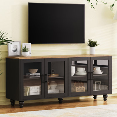 Ophelia & Co. ON-TREND Farmhouse TV Stand w/ Tempered Glass Doors For Tvs Up To 70" brownEngineered Wood in Black/Natural | 78"
