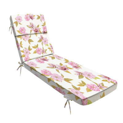 Red Barrel Studio® Outdoor Indoor 3" Lounge Patio Cushion Seamless pink blossom Japanese flowering cherry Spring flowers leaves Water-Resistant Chaise Lounge Cushion fo white