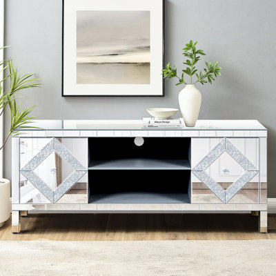 Mercer41 Mirrored Tv Stand For 65+ Inch Tvs Console w/ 2 Cabinets & Open Storage Compartment, Modern Living Room Tv, Compartments Space
