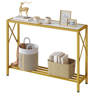 Ivy Bronx Entryway Table, 2-Tier Entry Way Console Entrance Table, Narrow Sofa Table w/ Shelves,() brownWood/Metal in Gold/White