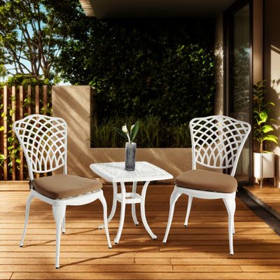 Alcott Hill® Bistro Set 3 Piece Rustproof Cast Aluminum Patio Furniture Sets Chairs & 1 Round Table Outdoor in White | 2