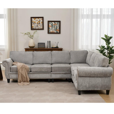 Light Gray Chenille Sectional - Lark Manor™ Modular chenille sectional sofa w/ studded trim & rolled arms brownChenille