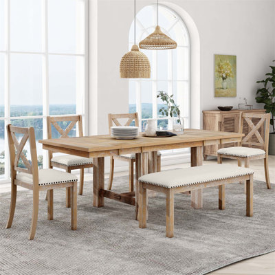 Lark Manor™ Extendable Dining Table Set w/ Footrest, Upholstered Chairs & Bench | 6